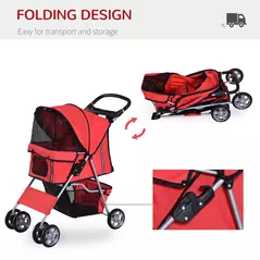 PawHut Pet Stroller for Small Miniature Dogs Cats Foldable Travel Carriage with Wheels Zipper Entry Cup Holder Storage Basket Red - 5