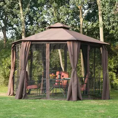 Outsunny 3 x 3(m) Hexagon Gazebo Patio Canopy Party Tent Outdoor Garden Shelter w/ 2 Tier Roof & Side Panel - Brown - 2