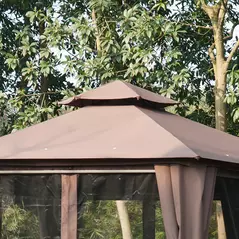 Outsunny 3 x 3(m) Hexagon Gazebo Patio Canopy Party Tent Outdoor Garden Shelter w/ 2 Tier Roof & Side Panel - Brown - 8