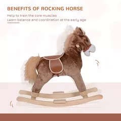 HOMCOM Kids Children Plush Rocking Horse Wooden Base Ride On Toy Rocker with Handle Grip Traditional Toy Fun Gift for Age 3+ (Brown & White) - 5