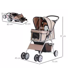 PawHut Pet Stroller for Small Miniature Dogs Cats Foldable Travel Carriage with Wheels Zipper Entry Cup Holder Storage Basket Brown - 3