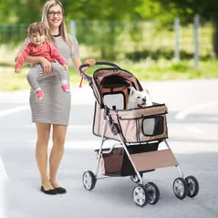 PawHut Pet Stroller for Small Miniature Dogs Cats Foldable Travel Carriage with Wheels Zipper Entry Cup Holder Storage Basket Brown - 2