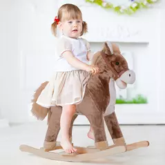 HOMCOM Kids Children Plush Rocking Horse Wooden Base Ride On Toy Rocker with Handle Grip Traditional Toy Fun Gift for Age 3+ (Brown & White) - 2