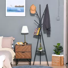HOMCOM Freestanding Metal Coat Rack Stand 9 Hooks Clothes Tree with 1 Shelf Hat Display Hall Tree Hanger Bag Umbrella Hanging Organiser Black - 2