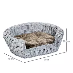 PawHut Wicker Pet Bed Willow Dog Cat Sofa Couch Puppy Basket with Cushion Grey 57L x 46W x 17.5H cm - 3