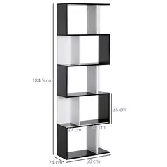 HOMCOM Bookcase, S-Shaped Wooden Bookshelf, 5/6 Tiers Freestanding Storage Shelf, Home Office Decorative Display Stand Rack, Black and White, 24D x 60W x 184.5H - 3