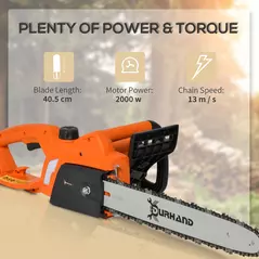 DURHAND 2000W Powerful Electric Chainsaw, 16" Aluminium Blade Portable Corded Chain Saw, 7250rpm Chain Saw for Garden Tree Pruning, 13m/s Chain Speed Auto Chain Lubrication to Cut Wood, Orange - 4