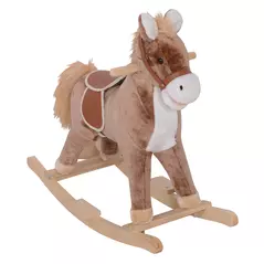 HOMCOM Kids Children Plush Rocking Horse Wooden Base Ride On Toy Rocker with Handle Grip Traditional Toy Fun Gift for Age 3+ (Brown & White) - 1