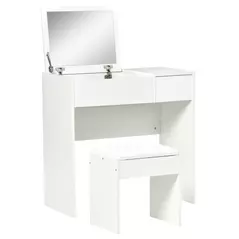 HOMCOM Makeup Desk with Drawer, Vanity Table Set with Flip-up Mirror and Cushioned Stool, White - 2