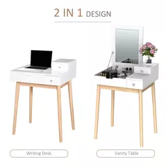 HOMCOM Dressing Table with Flip-up Mirror, Makeup Desk with 2 Drawers and Pine Wood Legs, Vanity Table Writing Desk for Bedroom Living Room, White - 4
