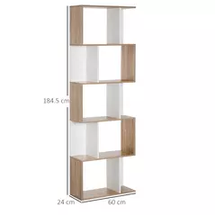 HOMCOM Bookcase, S-Shaped Wooden Bookshelf, 5/6 Tiers Freestanding Storage Shelf, Home Office Decorative Display Stand Rack, Oak and White, 24D x 60W x 184.5H - 3