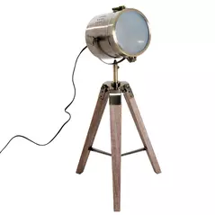 HOMCOM Vintage Tripod Table Desk Lamp Bedside Light Spotlight Brass Antique Searchlight Wooden Base - 1