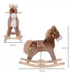 HOMCOM Kids Children Plush Rocking Horse Wooden Base Ride On Toy Rocker with Handle Grip Traditional Toy Fun Gift for Age 3+ (Brown & White) - 3