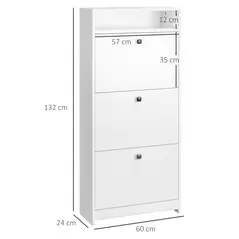 HOMCOM Narrow Shoe Cabinet with 3 Flip Doors, 14-18 Pairs Shoe Cupboard with Open Shelf for Slim Hallway and Entryway, 24 x 60 x 132 cm, White - 3