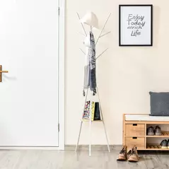 HOMCOM Freestanding Metal Coat Rack Stand 9 Hooks Clothes Tree with 1 Shelf Hat Display Hall Tree Hanger Bag Umbrella Hanging Organiser White - 9