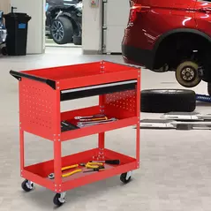 DURHAND 3-Tier Tool Trolley Cart Storage Shelf Roller Cabinet DIY Box Garage Workshop with Drawer Red - 2