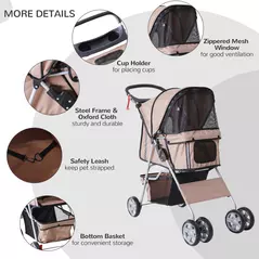 PawHut Pet Stroller for Small Miniature Dogs Cats Foldable Travel Carriage with Wheels Zipper Entry Cup Holder Storage Basket Brown - 6