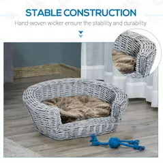 PawHut Wicker Pet Bed Willow Dog Cat Sofa Couch Puppy Basket with Cushion Grey 57L x 46W x 17.5H cm - 4