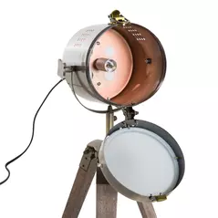 HOMCOM Vintage Tripod Table Desk Lamp Bedside Light Spotlight Brass Antique Searchlight Wooden Base - 8