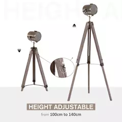 HOMCOM Industrial Tripod Floor Lamp, Nautical Searchlight with Adjustable Height, Wood Legs, E14 Lamp Base for Living Room, Bedroom, Grey and Bronze - 4