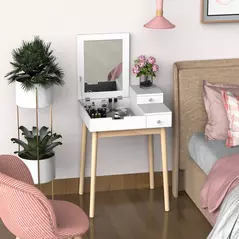 HOMCOM Dressing Table with Flip-up Mirror, Makeup Desk with 2 Drawers and Pine Wood Legs, Vanity Table Writing Desk for Bedroom Living Room, White - 2