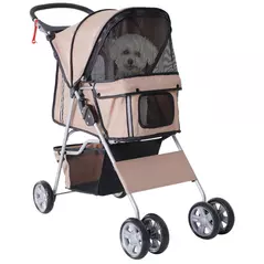 PawHut Pet Stroller for Small Miniature Dogs Cats Foldable Travel Carriage with Wheels Zipper Entry Cup Holder Storage Basket Brown - 1