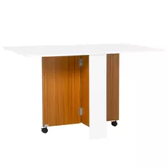 HOMCOM Folding Dining Table Writing Desk Workstation w/ Casters Teak Colour, White - 1