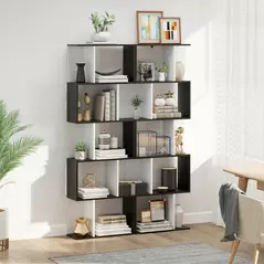 HOMCOM Bookcase, S-Shaped Wooden Bookshelf, 5/6 Tiers Freestanding Storage Shelf, Home Office Decorative Display Stand Rack, Black and White, 24D x 60W x 184.5H - 7