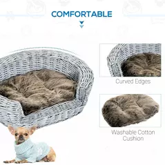 PawHut Wicker Pet Bed Willow Dog Cat Sofa Couch Puppy Basket with Cushion Grey 57L x 46W x 17.5H cm - 6