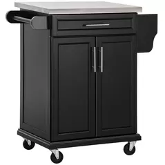 HOMCOM Wooden Kitchen Island on Wheels, Serving Cart Storage Trolley with Stainless Steel Top, Drawer, Side Handle and Rack, Black - 1