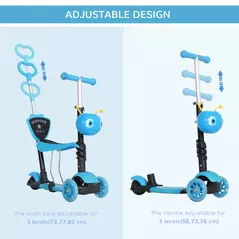 HOMCOM Adjustable Kids Toddler Scooter, with Removable Seat, Back Handle, Blue - 5
