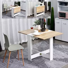 HOMCOM Folding Dining Table, Space-Saving Drop Leaf Kitchen Table for 4-6 People, Multi-functional Desk for Small Space, Flat & Studio, Modern Breakfast Table, Oak & White - 6