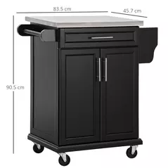 HOMCOM Wooden Kitchen Island on Wheels, Serving Cart Storage Trolley with Stainless Steel Top, Drawer, Side Handle and Rack, Black - 3