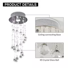 HOMCOM Metal Crystal Ceiling Light Chandelier Elegant Pendant Lamp Living Room Stairway Spiral Rain Drop Pendant Lamp Silver - 6