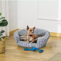 PawHut Wicker Pet Bed Willow Dog Cat Sofa Couch Puppy Basket with Cushion Grey 57L x 46W x 17.5H cm - 2