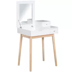 HOMCOM Dressing Table with Flip-up Mirror, Makeup Desk with 2 Drawers and Pine Wood Legs, Vanity Table Writing Desk for Bedroom Living Room, White - 1
