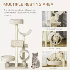 PawHut Cat Tree for Indoor Cats Kitten Pet Scratching Post Perch Activity Center Scratcher Climb Post Play House Arch with Tunnel 105cm Tall Beige - 5