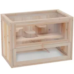 PawHut Wooden Hamster Cage Mouse Mice Rodent Small Animals Hutch Exercise Play House 60 x 35 x 42cm, Natural Wood Finish - 1