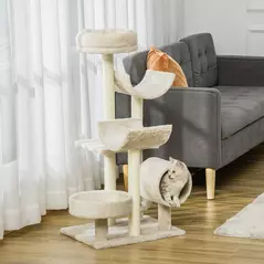 PawHut Cat Tree for Indoor Cats Kitten Pet Scratching Post Perch Activity Center Scratcher Climb Post Play House Arch with Tunnel 105cm Tall Beige - 2