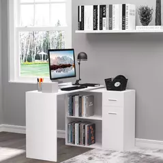 HOMCOM L-Shaped Desk, Corner Computer Desk, Adjustable Study Table with Storage Shelf, Drawer and Cabinet, Workstation for Home Office, White Wood Grain - 1