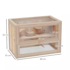 PawHut Wooden Hamster Cage Mouse Mice Rodent Small Animals Hutch Exercise Play House 60 x 35 x 42cm, Natural Wood Finish - 3