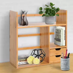 HOMCOM Desk Organiser Compartments Desktop Bookshelf Stationery Storage Shelf Document File Holder with 2 Drawers 2-way Reversed Use Bamboo - 2