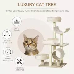 PawHut Cat Tree for Indoor Cats Kitten Pet Scratching Post Perch Activity Center Scratcher Climb Post Play House Arch with Tunnel 105cm Tall Beige - 4