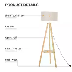 HOMCOM Tripod Floor Lamp, Freestanding Bedside Light Reading Light with Storage Shelf and Linen Shade for Living Room Bedroom, 154cm, Cream - 4