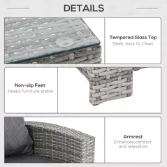 Outsunny 6 Pieces PE Rattan Garden Furniture Set with Three-seat, Armchairs and Footstools, Aluminium Patio Wicker Dining Sets w/ Glass Top Dining Table, Soft Cushion, Light Grey - 6