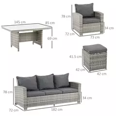 Outsunny 6 Pieces PE Rattan Garden Furniture Set with Three-seat, Armchairs and Footstools, Aluminium Patio Wicker Dining Sets w/ Glass Top Dining Table, Soft Cushion, Light Grey - 3
