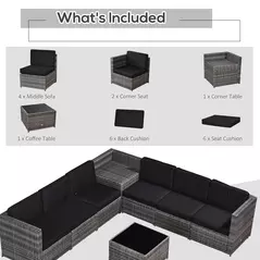 Outsunny 6-Seater Rattan Sofa Furniture Set W/ Cushions, Steel Frame-Grey - 6