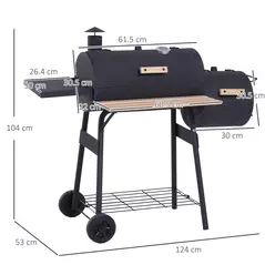Outsunny Portable Charcoal BBQ Grill, Cold-rolled Steel, Solid Wood, 104H x 124L x53W cm-Black - 3