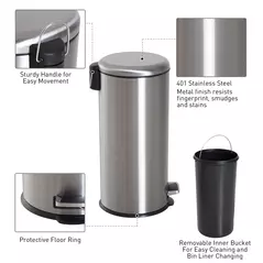 HOMCOM Foot Pedal Bin Stainless Steel Metal Waste Rubbish Lid Kitchen Garbage 30L Silver - 5