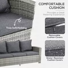 Outsunny 6 Pieces PE Rattan Garden Furniture Set with Three-seat, Armchairs and Footstools, Aluminium Patio Wicker Dining Sets w/ Glass Top Dining Table, Soft Cushion, Light Grey - 5